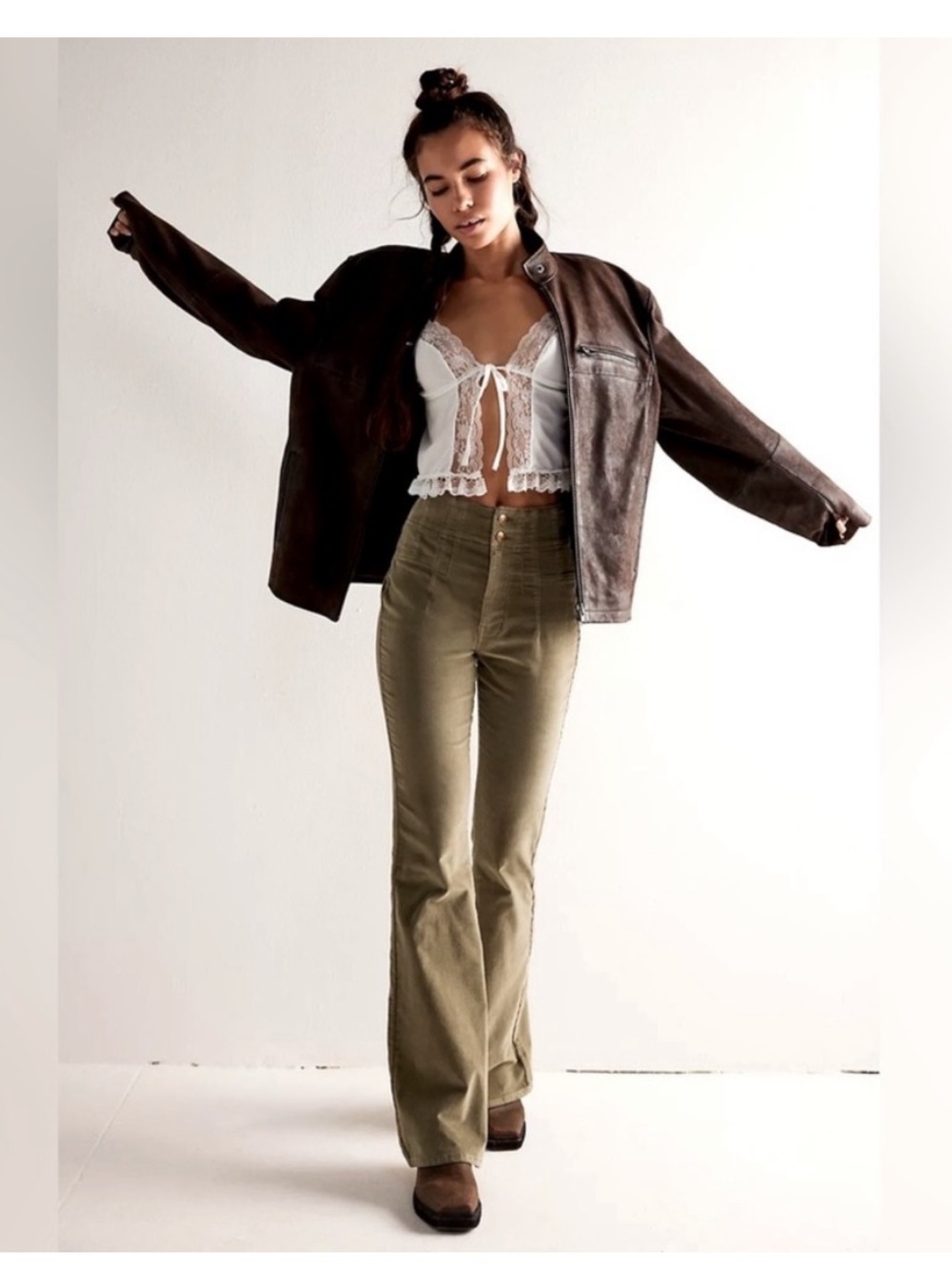 Free People Corduroy Jayde Flare Leg Pants Size 32 NWT Green Chic Retro 70s boho